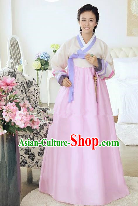 Top Grade Korean Traditional Hanbok Ancient Palace White Blouse and Pink Dress Fashion Apparel Costumes for Women