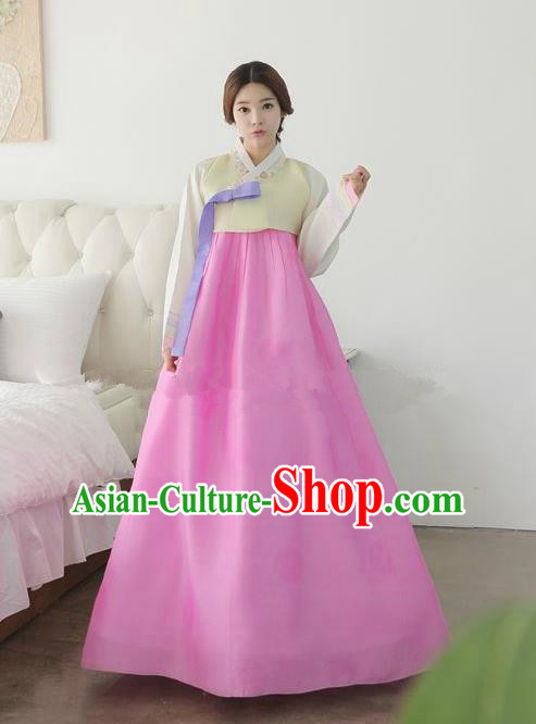 Top Grade Korean Traditional Hanbok Ancient Palace Yellow Blouse and Rosy Dress Fashion Apparel Costumes for Women