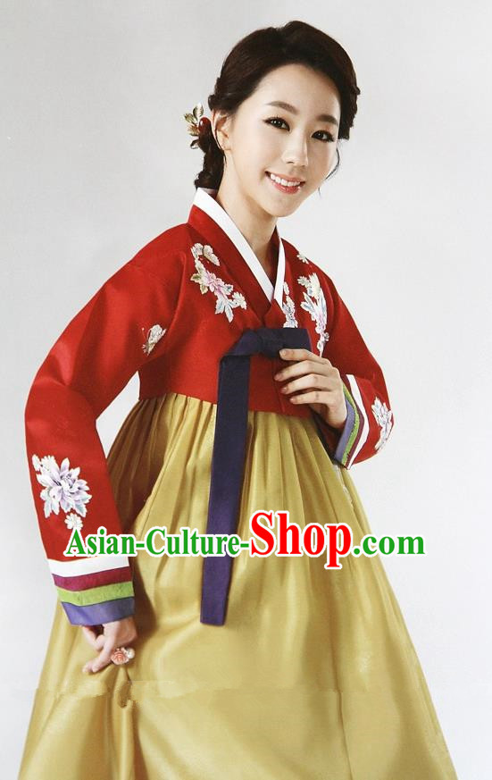 Top Grade Korean Hanbok Ancient Traditional Fashion Apparel Costumes Red Blouse and Yellow Dress for Women