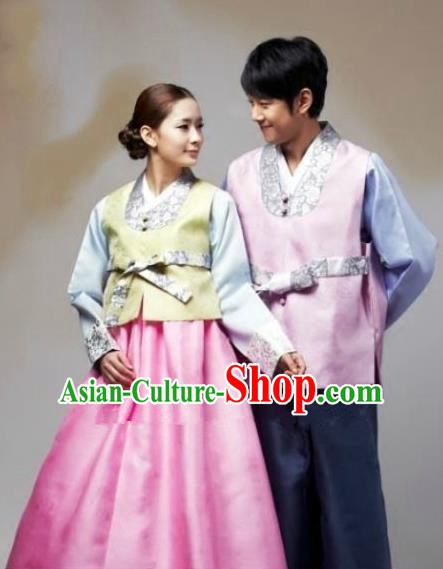 Asian Korean Traditional Wedding Pink Costumes Palace Hanbok Ancient Korean Bride and Bridegroom Costumes Complete Set