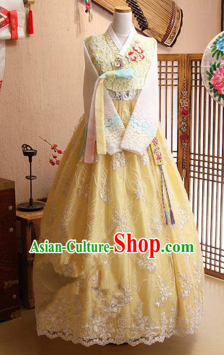 Top Grade Korean Hanbok Ancient Traditional Fashion Apparel Costumes Yellow Lace Blouse and Dress for Women