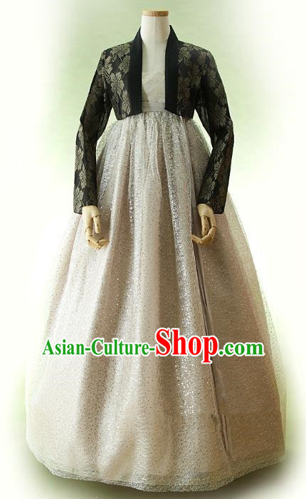 Top Grade Korean Traditional Hanbok Ancient Fashion Apparel Costumes Black Blouse and Grey Dress for Women