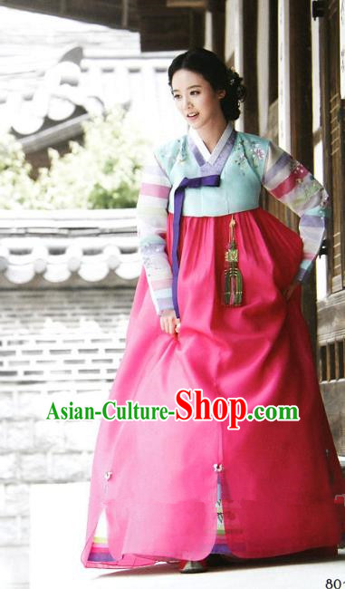 Top Grade Korean Hanbok Ancient Traditional Fashion Apparel Costumes Blue Blouse and Rosy Dress for Women