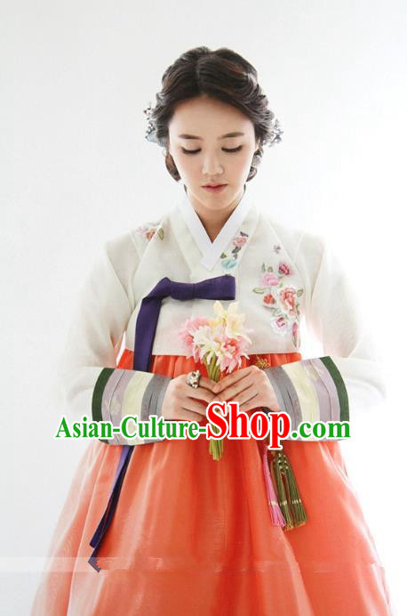 Top Grade Korean Hanbok Ancient Traditional Fashion Apparel Costumes White Blouse and Orange Dress for Women