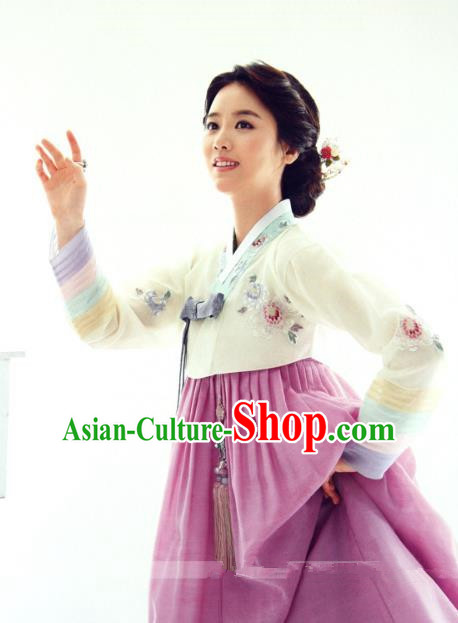 Top Grade Korean Hanbok Ancient Traditional Fashion Apparel Costumes Beige Blouse and Lilac Dress for Women