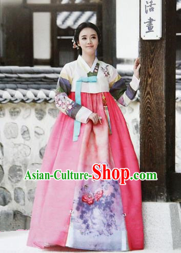 Top Grade Korean Hanbok Ancient Traditional Fashion Apparel Costumes White Blouse and Pink Dress for Women