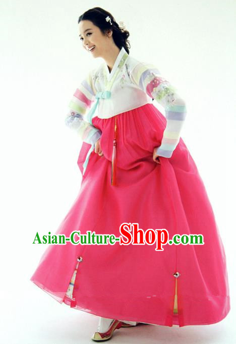 Top Grade Korean Hanbok Ancient Traditional Fashion Apparel Costumes White Blouse and Rosy Dress for Women