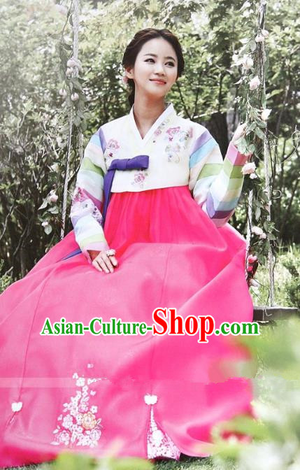 Top Grade Korean Hanbok Ancient Traditional Fashion Apparel Costumes Bride Blouse and Rosy Dress for Women