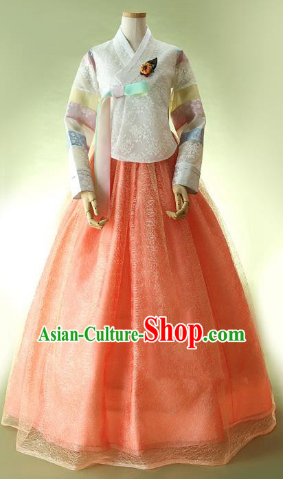 Top Grade Korean Hanbok Ancient Traditional Fashion Apparel Costumes White Lace Blouse and Orange Dress for Women