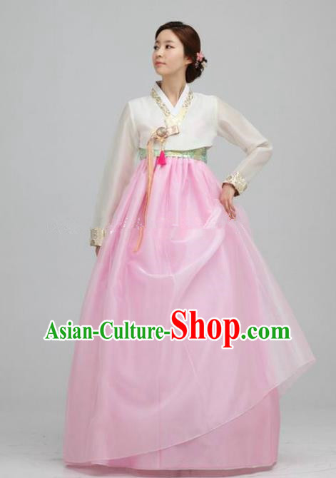 Top Grade Korean Traditional Hanbok Ancient Fashion Apparel Costumes White Blouse and Pink Dress for Women