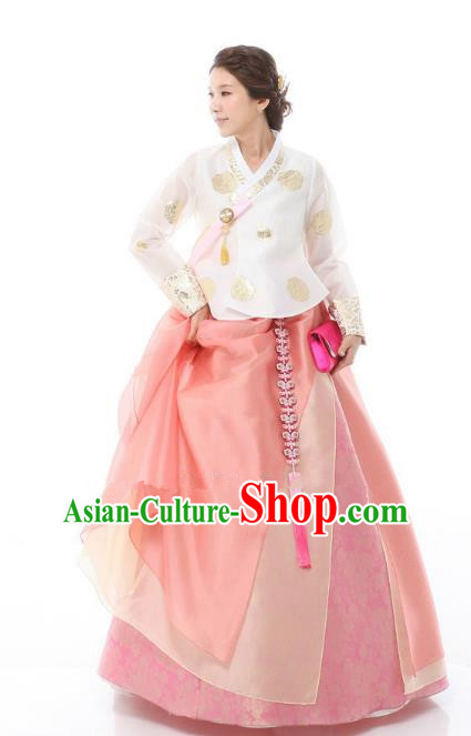 Top Grade Korean Hanbok Ancient Traditional Fashion Apparel Costumes White Blouse and Pink Dress for Women