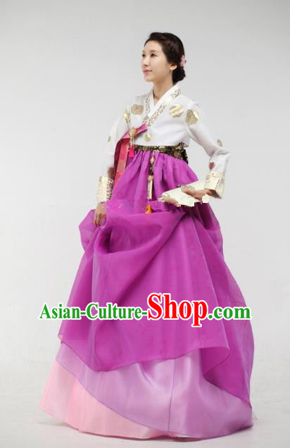 Top Grade Korean Hanbok Ancient Traditional Fashion Apparel Costumes White Blouse and Purple Dress for Women