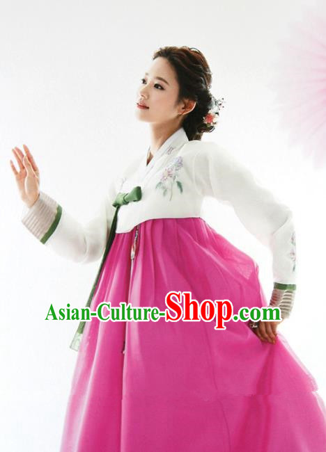 Top Grade Korean Hanbok White Blouse and Rosy Dress Ancient Traditional Fashion Apparel Costumes for Women