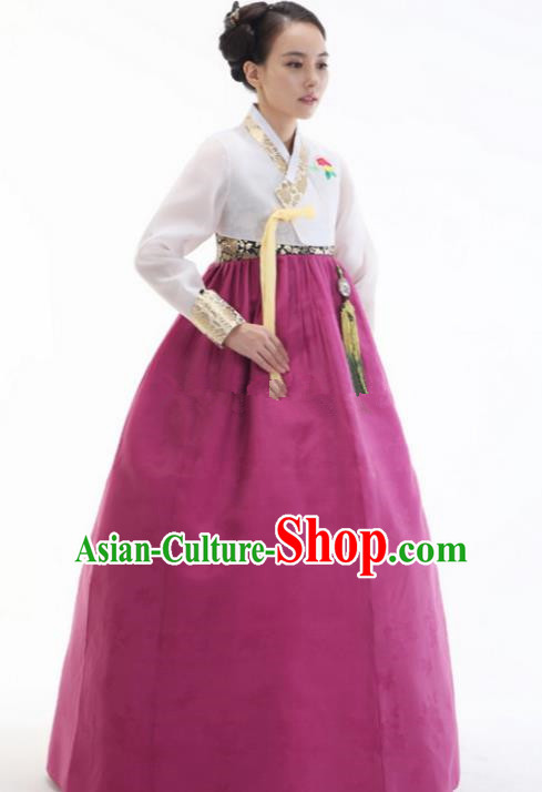 Top Grade Korean Hanbok White Blouse and Purple Dress Ancient Traditional Fashion Apparel Costumes for Women