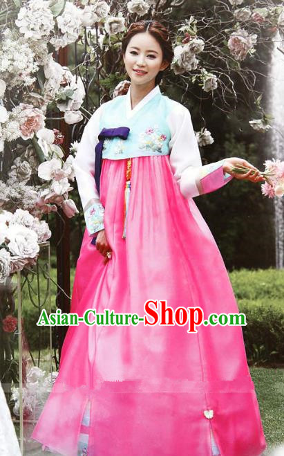 Top Grade Korean Hanbok Blue Blouse and Pink Dress Ancient Traditional Fashion Apparel Costumes for Women