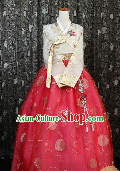 Korean Traditional Hanbok White Blouse and Red Dress Ancient Fashion Apparel Costumes for Women