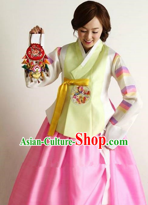 Korean Traditional Hanbok Yellow Blouse and Pink Dress Ancient Formal Occasions Fashion Apparel Costumes for Women