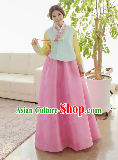 Korean Traditional Hanbok Green Blouse and Pink Dress Ancient Formal Occasions Fashion Apparel Costumes for Women