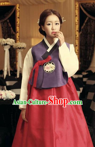 Korean Traditional Hanbok Purple Blouse and Red Dress Ancient Formal Occasions Fashion Apparel Costumes for Women