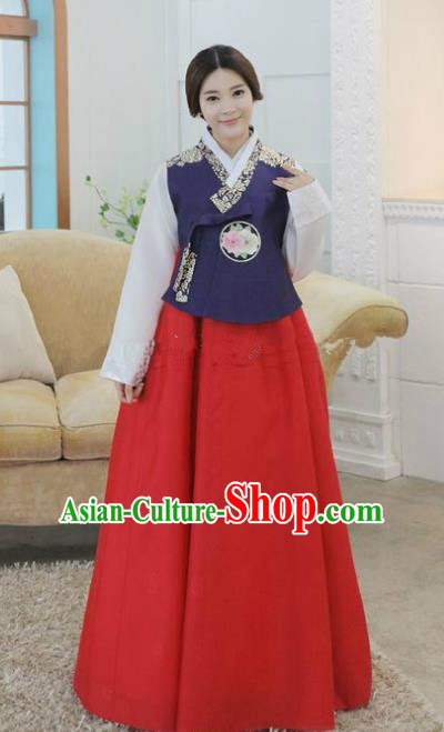 Korean Traditional Hanbok Bride Purple Blouse and Red Dress Ancient Formal Occasions Fashion Apparel Costumes for Women