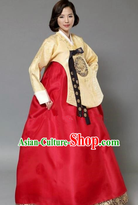 Korean Traditional Hanbok Bride Yellow Blouse and Red Dress Ancient Formal Occasions Fashion Apparel Costumes for Women