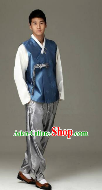 Traditional Korean Costumes Ancient Korean Male Hanbok Bridegroom Costume Blue Vest and Grey Pants for Men