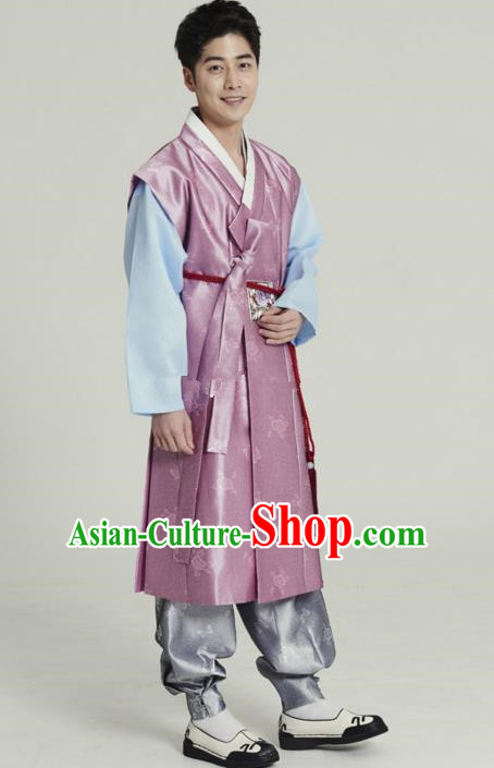 Traditional Korean Costumes Ancient Korean Male Hanbok Bridegroom Costume Pink Vest and Grey Pants for Men