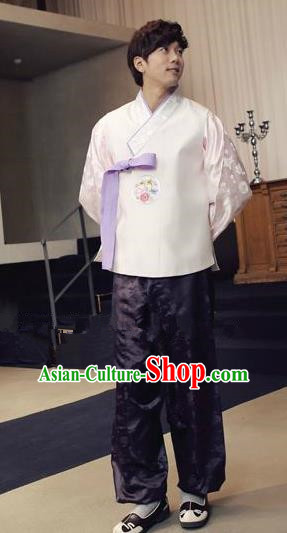 Traditional Korean Costumes Ancient Korean Male Hanbok Bridegroom White Vest and Purple Pants for Men