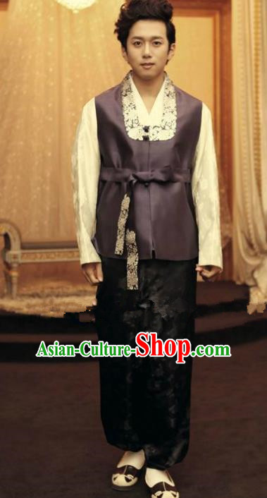 Traditional Korean Costumes Ancient Korean Male Hanbok Bridegroom Purple Vest and Black Pants for Men