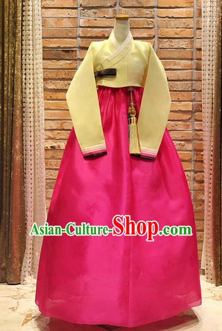 Korean Traditional Hanbok Bride Yellow Blouse and Rosy Dress Ancient Formal Occasions Fashion Apparel Costumes for Women