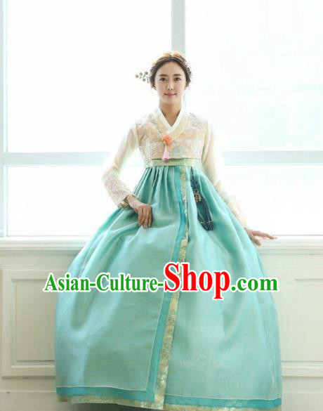 Korean Traditional Hanbok Bride White Lace Blouse and Green Dress Ancient Formal Occasions Fashion Apparel Costumes for Women