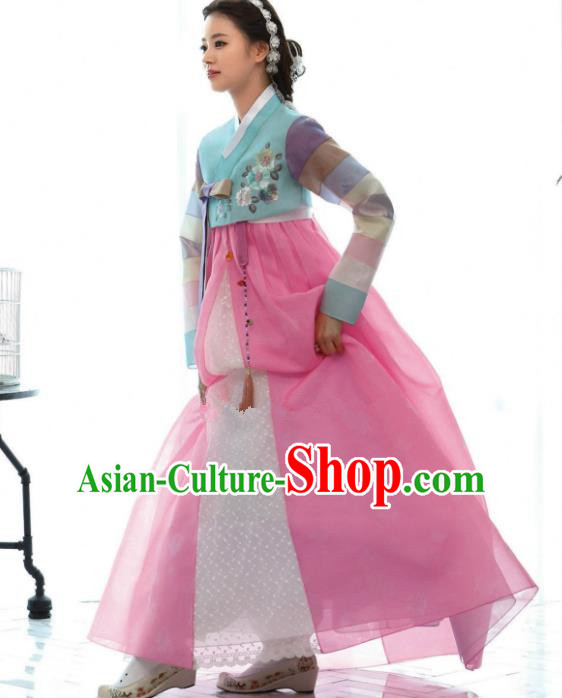 Korean Traditional Bride Hanbok Blue Blouse and Pink Dress Ancient Formal Occasions Fashion Apparel Costumes for Women