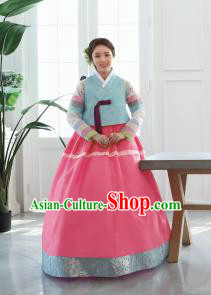 Korean Traditional Bride Hanbok Blue Blouse and Pink Dress Ancient Formal Occasions Fashion Apparel Costumes for Women