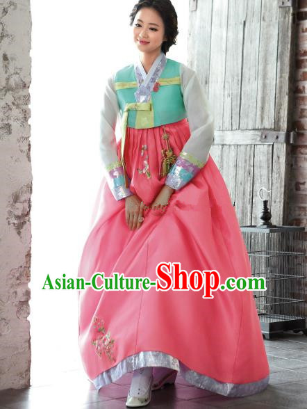 Korean Traditional Bride Hanbok Green Blouse and Pink Embroidered Dress Ancient Formal Occasions Fashion Apparel Costumes for Women