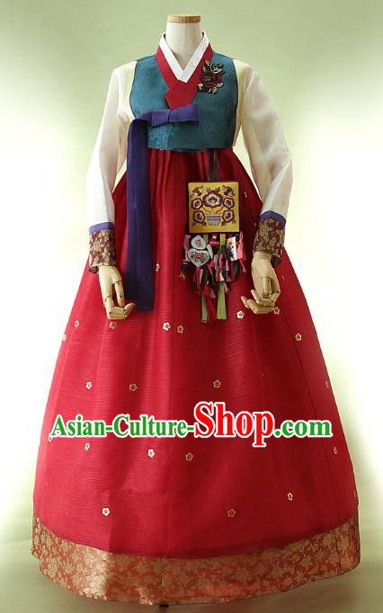 Korean Traditional Bride Hanbok Atrovirens Blouse and Red Embroidered Dress Ancient Formal Occasions Fashion Apparel Costumes for Women