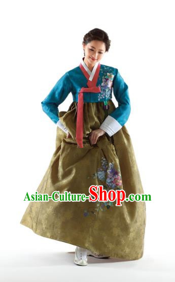 Korean Traditional Bride Hanbok Peacock Blue Blouse and Ginger Embroidered Dress Ancient Formal Occasions Fashion Apparel Costumes for Women