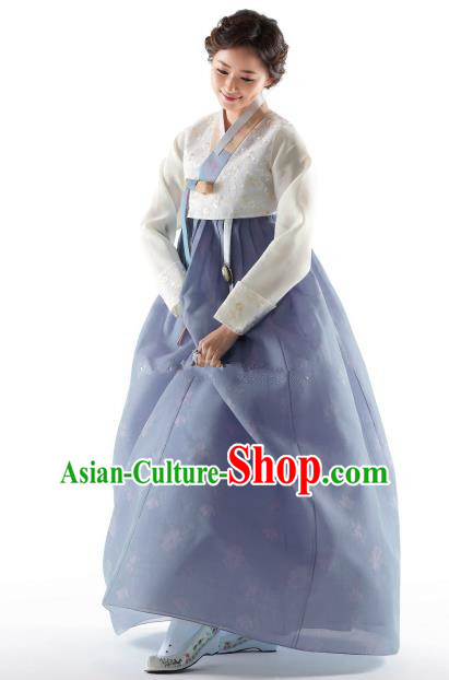 Korean Traditional Bride Hanbok White Blouse and Blue Embroidered Dress Ancient Formal Occasions Fashion Apparel Costumes for Women