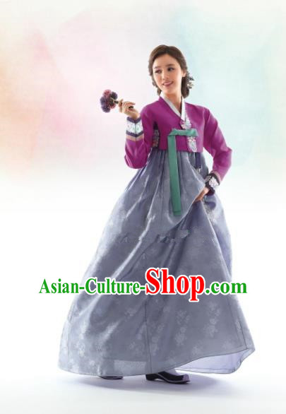 Korean Traditional Bride Hanbok Purple Blouse and Blue Embroidered Dress Ancient Formal Occasions Fashion Apparel Costumes for Women