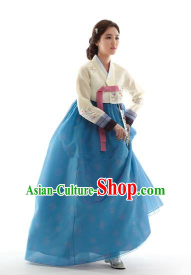 Korean Traditional Bride Hanbok Beige Blouse and Blue Embroidered Dress Ancient Formal Occasions Fashion Apparel Costumes for Women