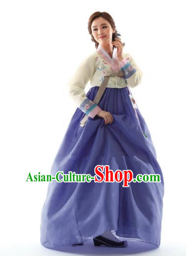 Korean Traditional Bride Hanbok Yellow Blouse and Lilac Embroidered Dress Ancient Formal Occasions Fashion Apparel Costumes for Women