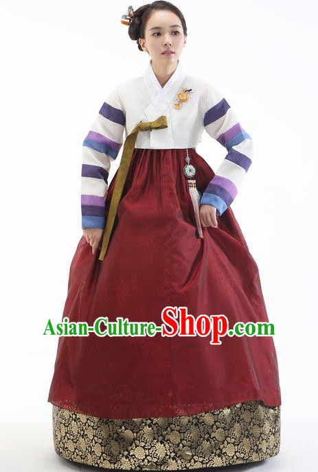 Korean Traditional Bride Hanbok White Blouse and Wine Red Embroidered Dress Ancient Formal Occasions Fashion Apparel Costumes for Women