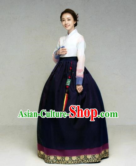 Korean Traditional Bride Hanbok White Blouse and Deep Purple Embroidered Dress Ancient Formal Occasions Fashion Apparel Costumes for Women