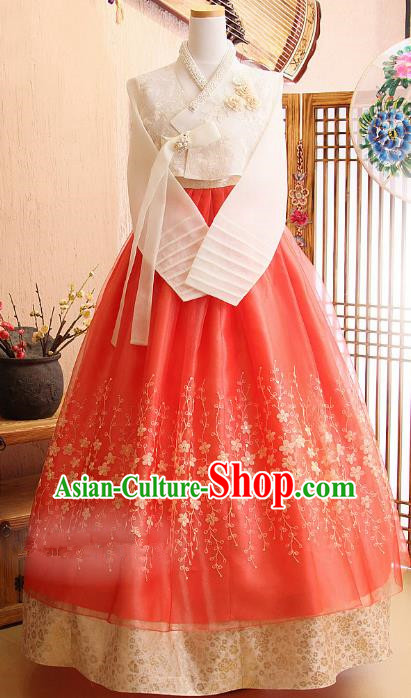 Korean Traditional Bride Hanbok White Lace Blouse and Red Embroidered Dress Ancient Formal Occasions Fashion Apparel Costumes for Women