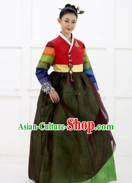 Korean Traditional Bride Hanbok Red Blouse and Green Embroidered Dress Ancient Formal Occasions Fashion Apparel Costumes for Women
