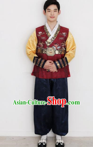 Traditional Korean Costumes Ancient Korean Bridegroom Hanbok Wine Red Vest and Navy Pants for Men