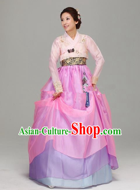 Korean Traditional Bride Hanbok Pink Blouse and Rosy Dress Ancient Formal Occasions Fashion Apparel Costumes for Women