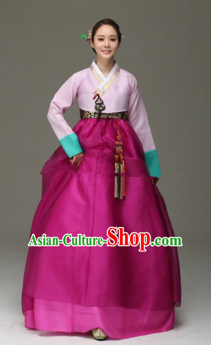 Korean Traditional Bride Hanbok Pink Blouse and Purple Embroidered Dress Ancient Formal Occasions Fashion Apparel Costumes for Women