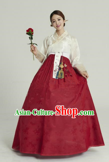 Korean Traditional Bride Hanbok White Blouse and Wine Red Embroidered Dress Ancient Formal Occasions Fashion Apparel Costumes for Women