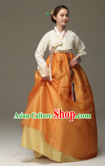 Korean Traditional Bride Hanbok White Blouse and Orange Dress Ancient Formal Occasions Fashion Apparel Costumes for Women