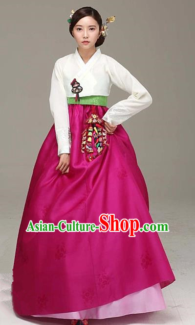 Korean Traditional Bride Hanbok Formal Occasions White Blouse and Rosy Dress Ancient Fashion Apparel Costumes for Women